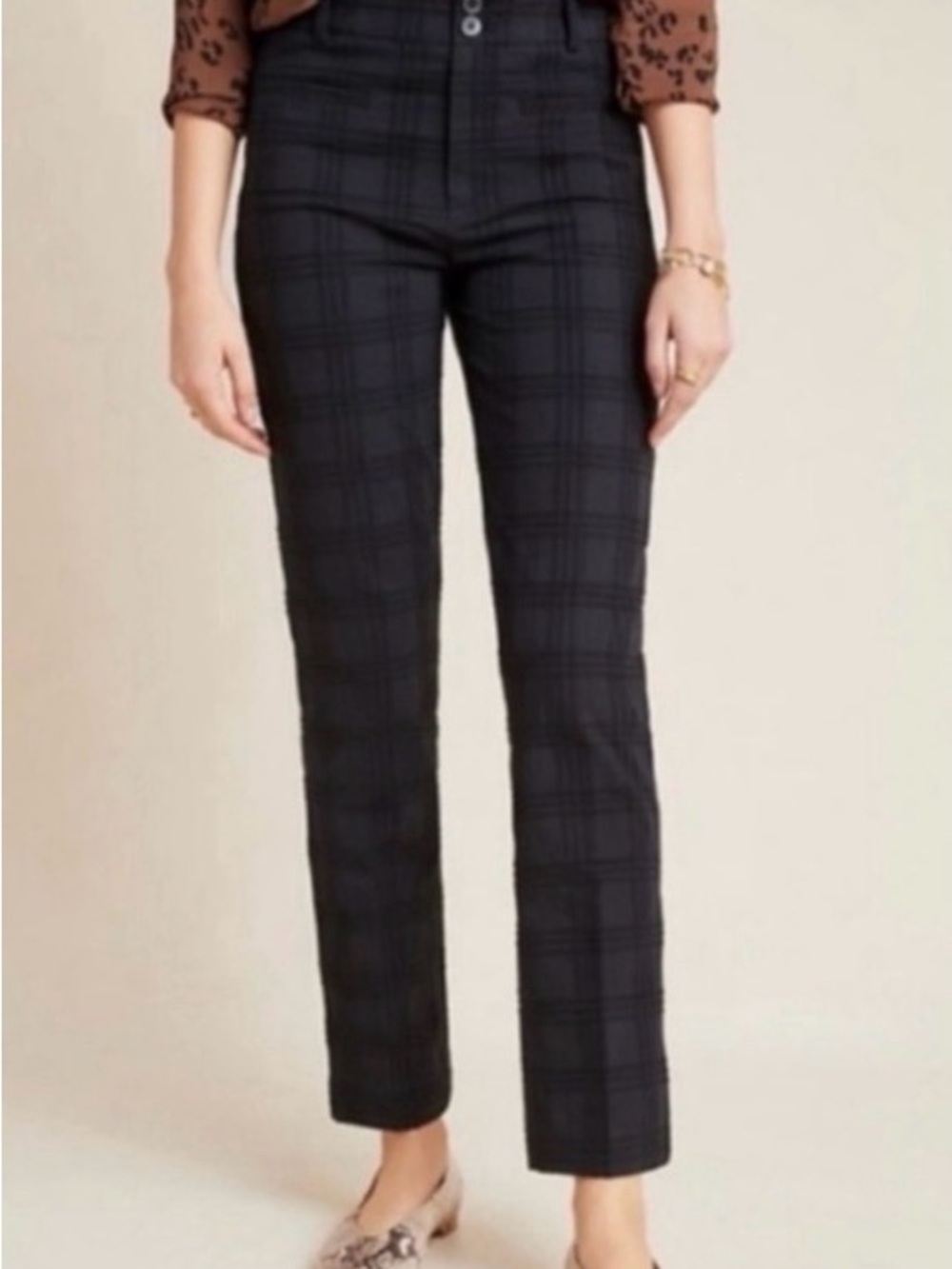 Anthropologie The Essential Slim Plaid Ankle Pants Black Size 0